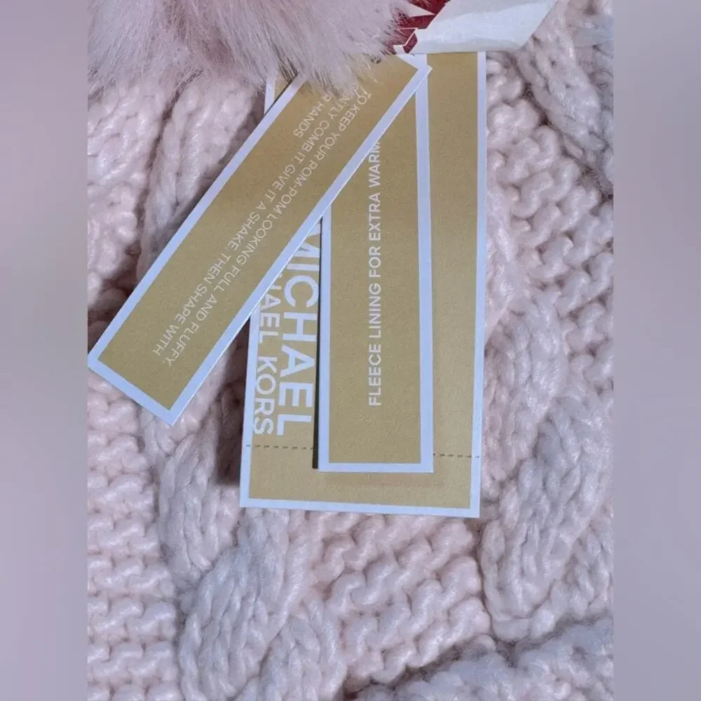 NWT - Michael Michael Kors - Women`s Cable Knit Teddy Fleece Faux Fur Pom Po…
